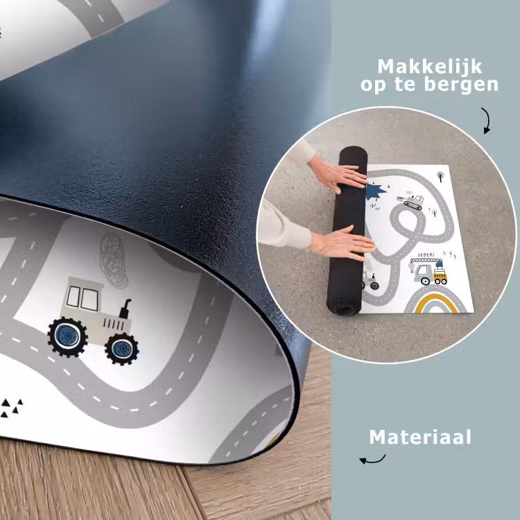 Bouwplaats - Graafmachine - Auto - Regenboog - Design Speelmat klein -sfeer5