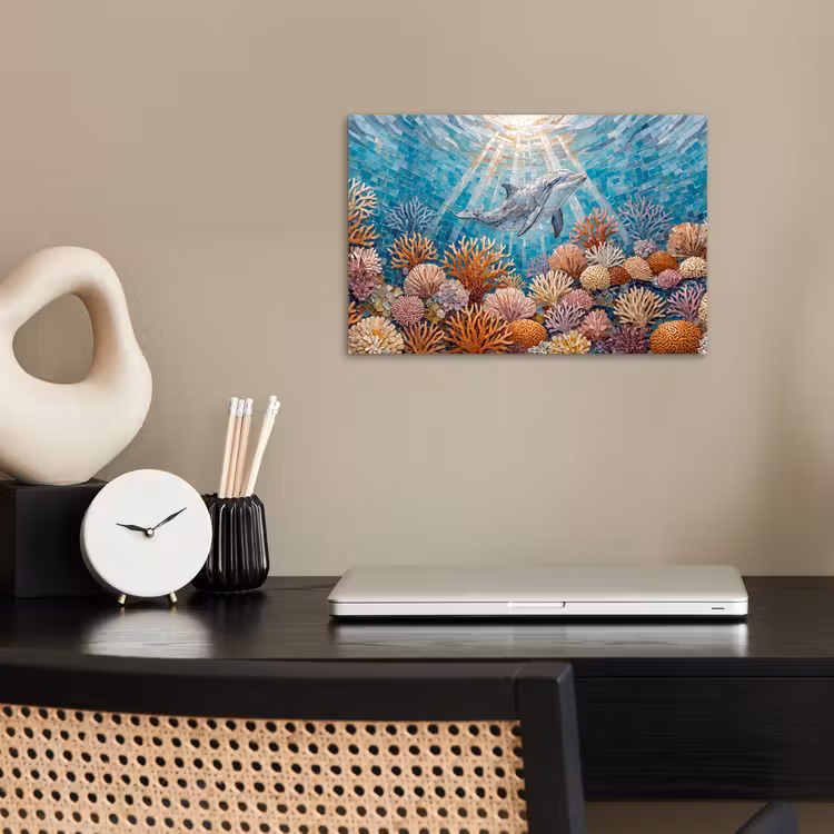 Dieren - Mozaïek - Oceaan - Koraal - Blauw poster papier klein -sfeer1