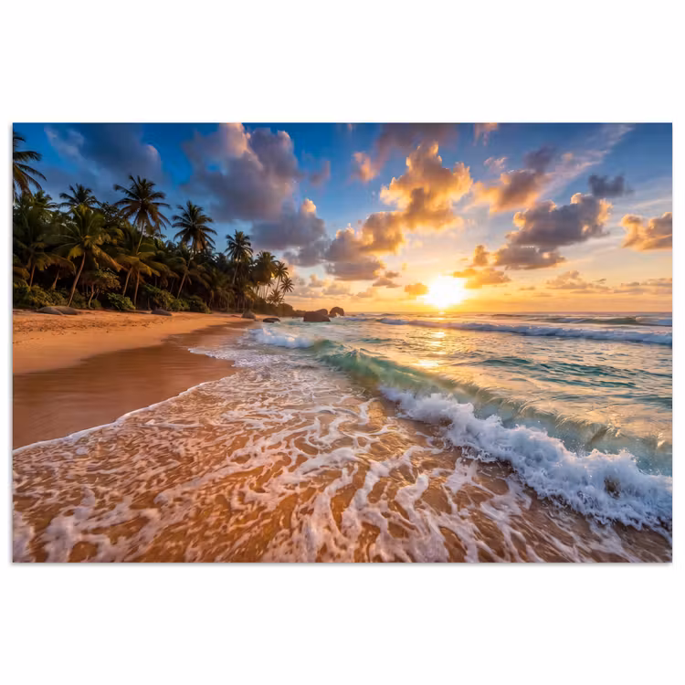 Strand - Zonsondergang - Golven - Natuur - Goud poster papier klein -3d