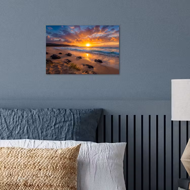 Strand - Zonsondergang - Golven - Natuur - Oranje poster papier klein -sfeer2