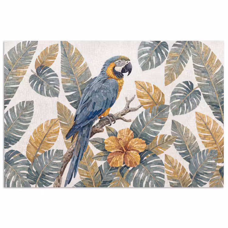 Vogel - Tak - Natuur - Mozaïek - Blauw poster papier klein -3d