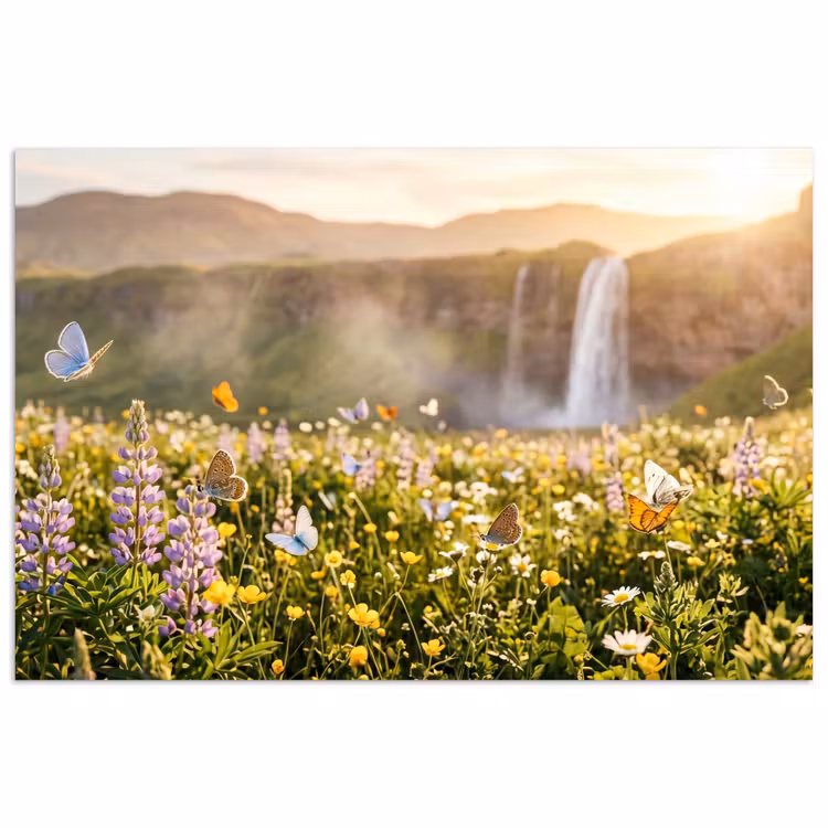 Vlinders - Waterval - Bloemenveld poster papier klein -3d