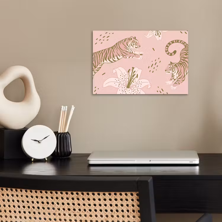 Kat - Springend - Bloemen - Abstract - Roze poster papier klein -sfeer1
