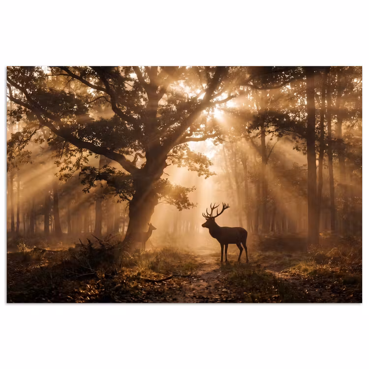 Hert - Bos - Mistig - Natuur - Goud poster papier klein -3d