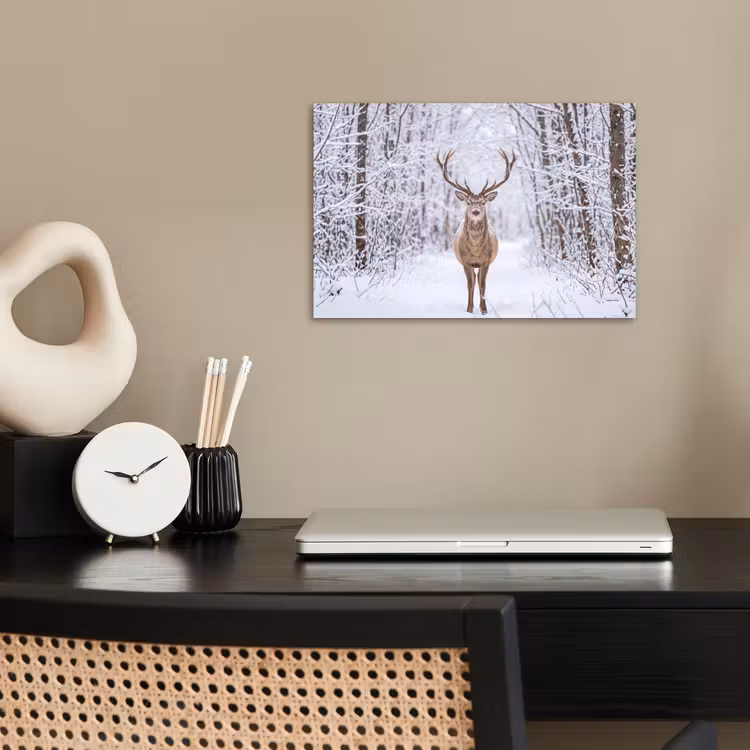 Hert - Winter - Bos - Natuur - Wit poster papier klein -sfeer1