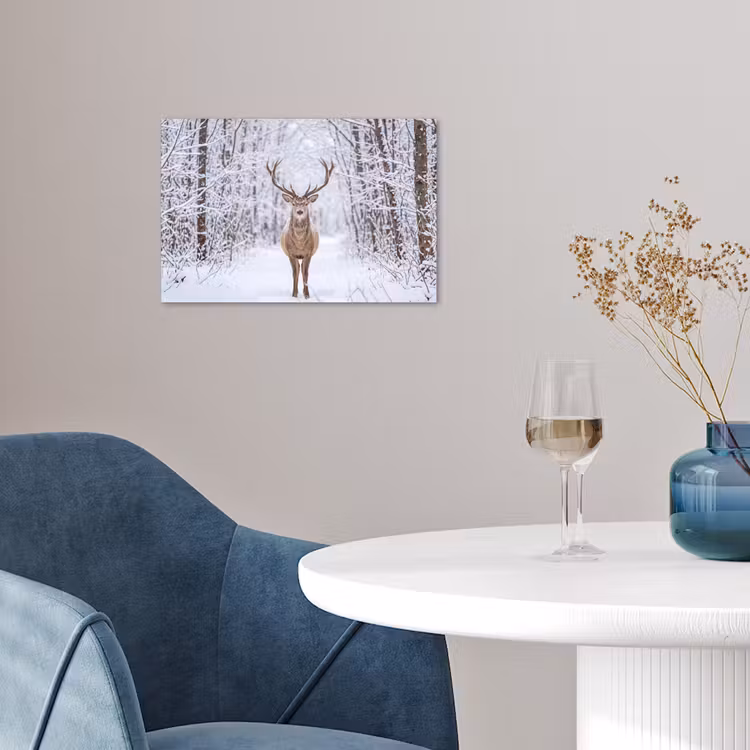 Hert - Winter - Bos - Natuur - Wit poster papier klein -sfeer3