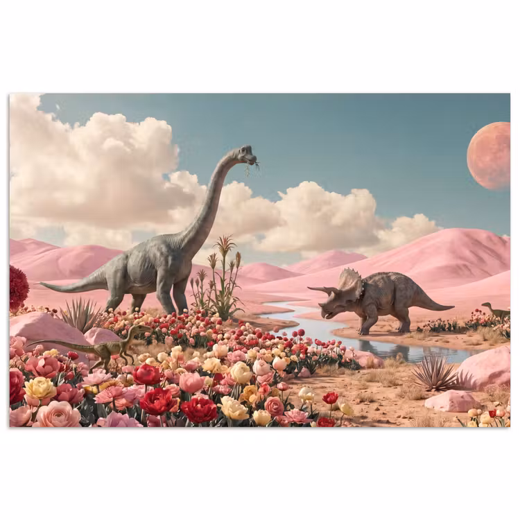 Poster - Dinosaur - Pink - Landscape - Dinosaurus - Roze - Landschap poster papier klein