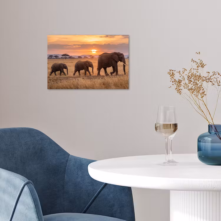 Olifanten - Savanne - Zonsondergang - Afrika - Warm poster papier klein -sfeer3