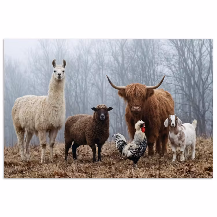 Boerderijdieren - Groep - Mist - Natuur - Rustiek poster papier klein -3d