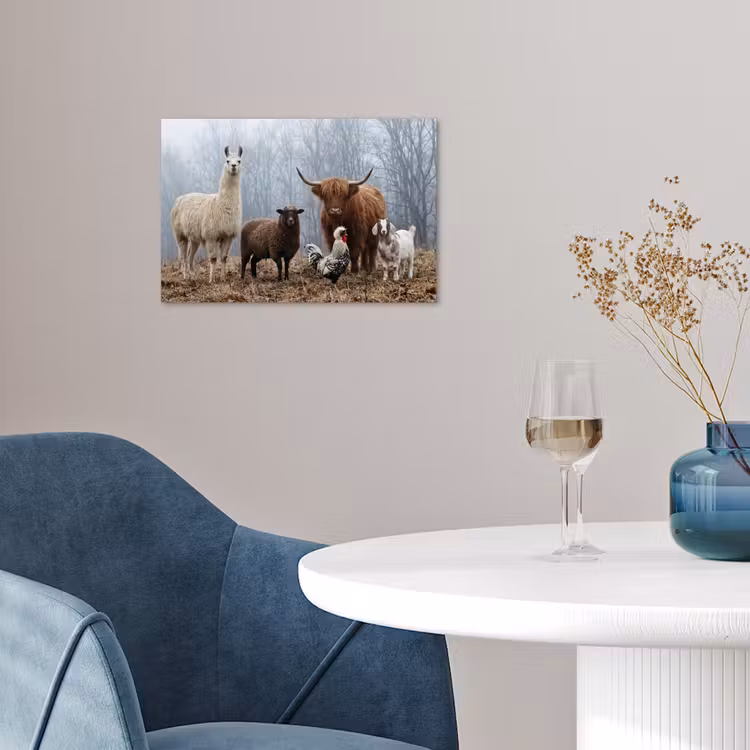 Boerderijdieren - Groep - Mist - Natuur - Rustiek poster papier klein -sfeer3