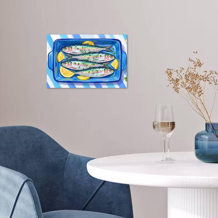 Vis - Citroen - Kruiden - Eten - Blauw poster papier klein -sfeer3