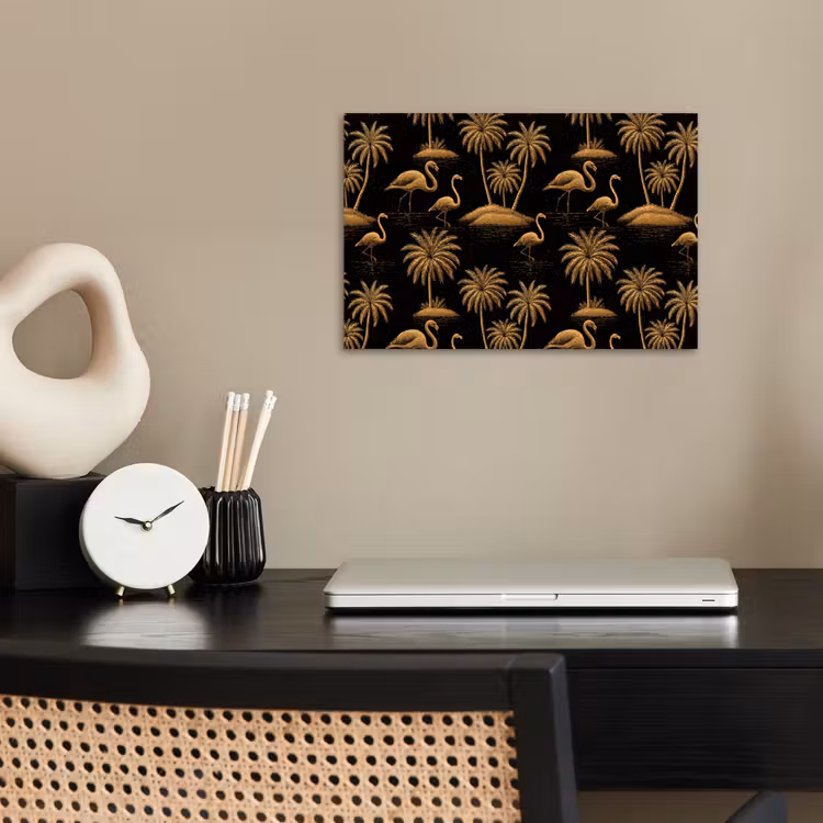 Flamingo - Palmbomen - Tropisch - Goud - Zwart poster papier klein 62 -sfeer1