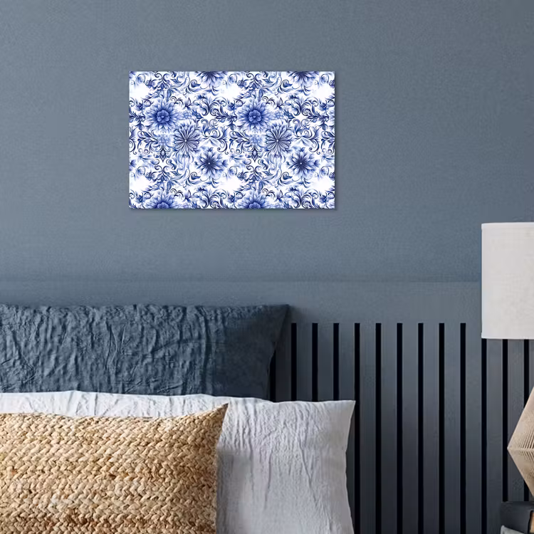 Bloemen - Blauw - Patroon - Wit poster papier klein 62 -sfeer2