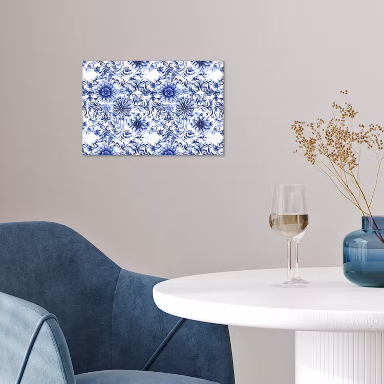 Bloemen - Blauw - Patroon - Wit poster papier klein 62 -sfeer3