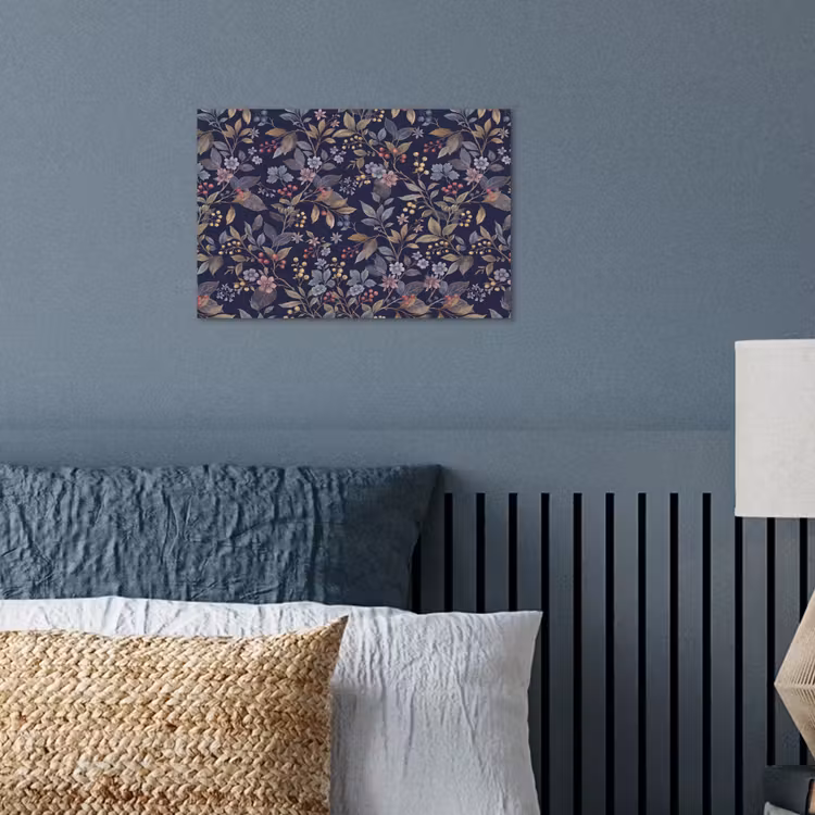 Bloemen - Bladeren - Patroon - Botanisch - Donkerblauw poster papier klein -sfeer2