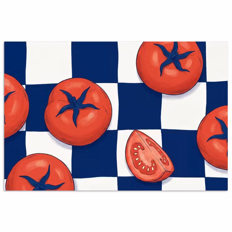 Eten - Tomaten - Keuken - Illustratie - Rood-Blauw poster papier klein -3d
