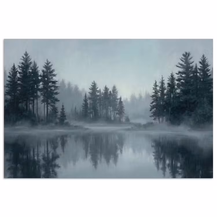 Bos - Meer - Mist - Natuur - Grijs poster papier klein -3d