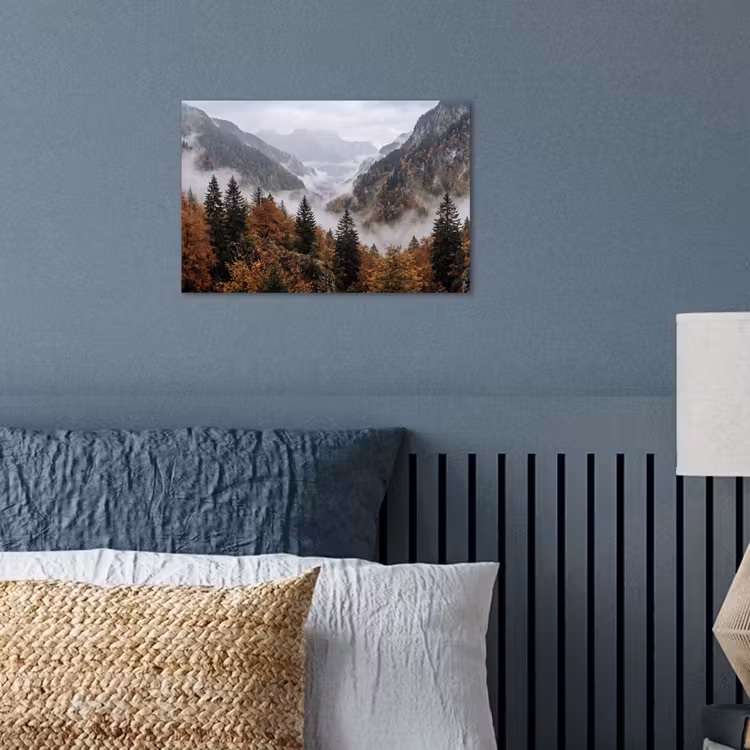 Bergen - Vallei - Mist - Herfst - Natuur poster papier klein -sfeer2