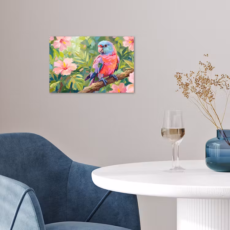 Papagaai - Hibiscusbloemen - Kleurrijk poster papier klein -sfeer3