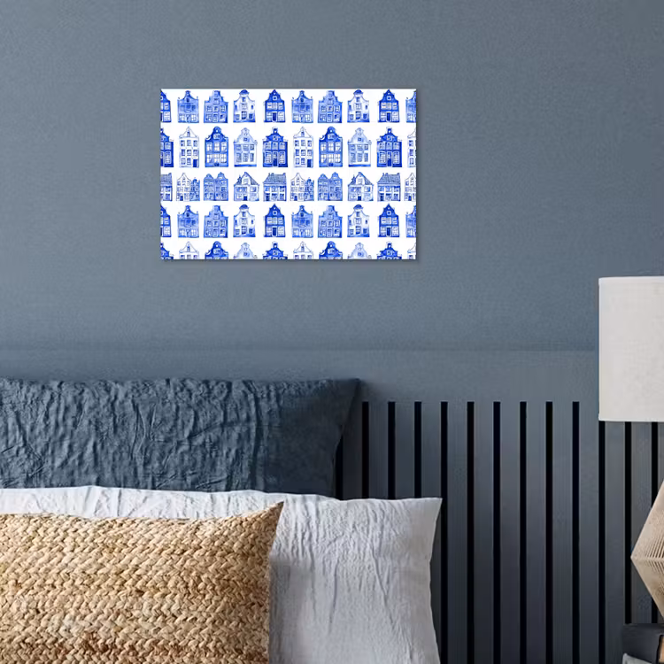 Patroon - Huizen - Blauw poster papier klein 62 -sfeer2
