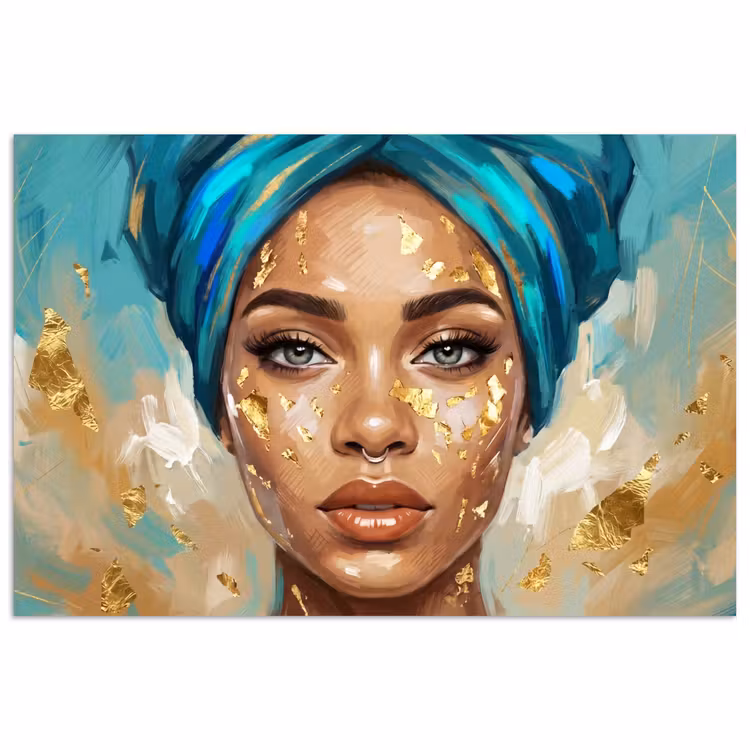 Portret - Vrouw - Schilderij - Blauw - Goud - Expressief poster papier klein -3d