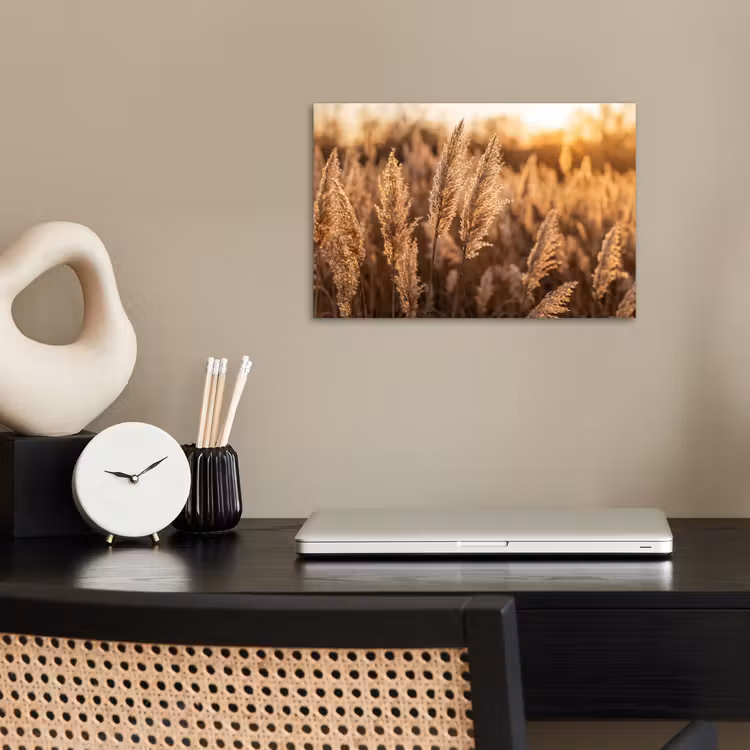 Rietpluimen - Gras - Zonsondergang - Goud - Serene poster papier klein -sfeer1
