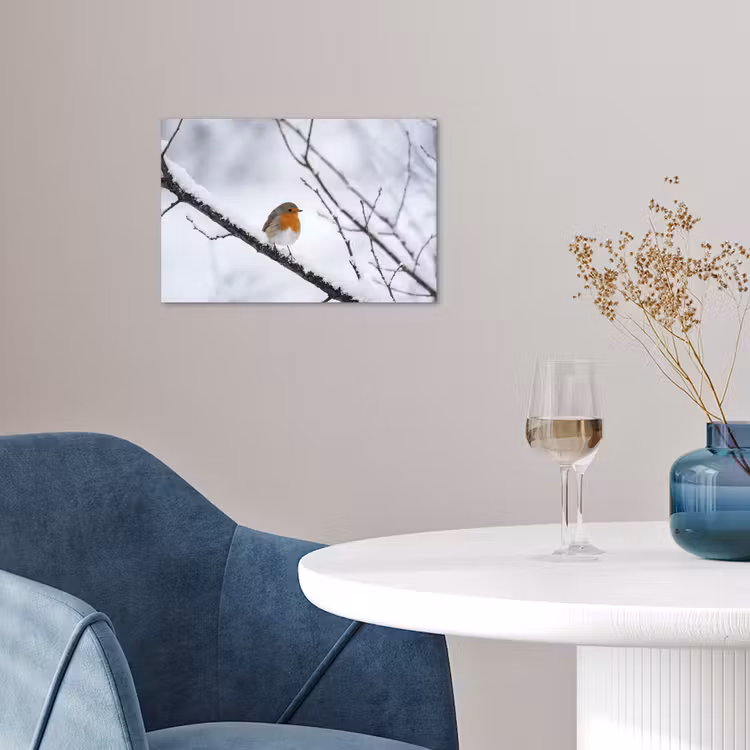 Roodborstje - Tak - Sneeuw - Winter - Levendig poster papier klein -sfeer3