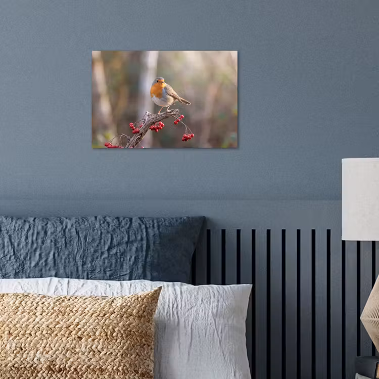 Roodborst - Tak - Bessen - Natuur poster papier klein -sfeer2