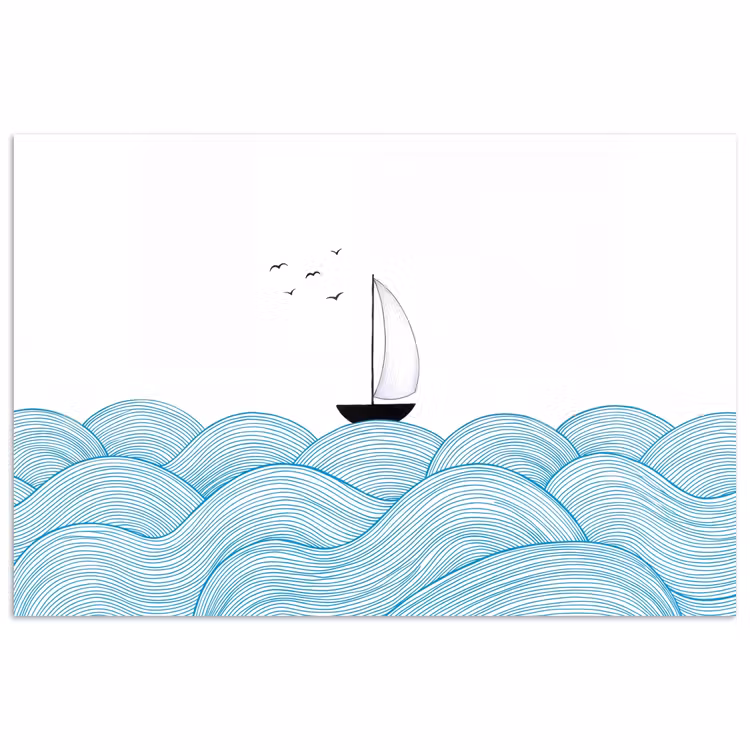 Zeilboot - Golven - Zee - Illustratie - Blauw poster papier klein -3d
