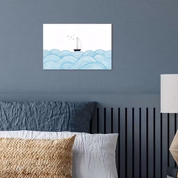Zeilboot - Golven - Zee - Illustratie - Blauw poster papier klein -sfeer2