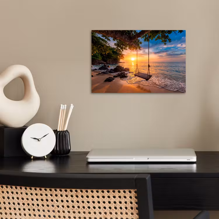 Schommel - Strand - Zonsondergang - Natuur - Oranje poster papier klein -sfeer1