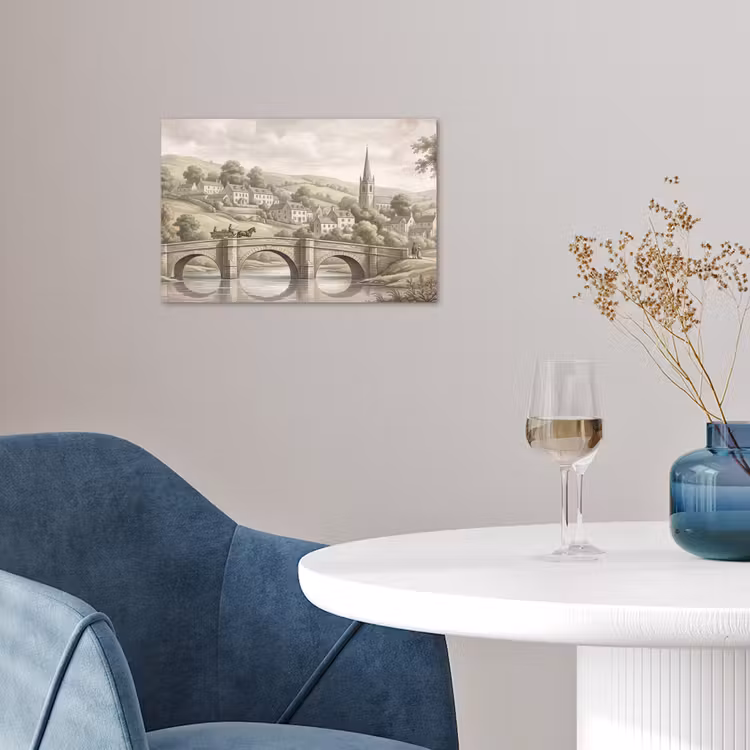 Dorp - Brug - Uitzicht - Groen poster papier klein -sfeer3