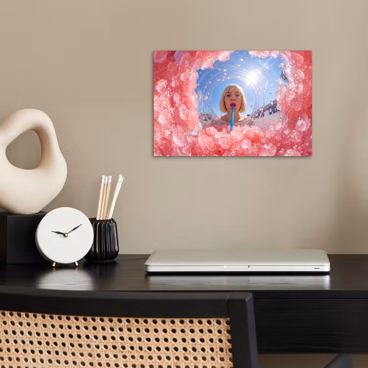 Vrouw - Drank - Zomer - Roze - Blauw poster papier klein -sfeer1