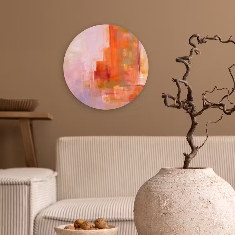 Abstract - Borstelstreken - Kunst - Paars - Goud Wandcirkel kunststof plaat 5mm dik klein -sfeer1