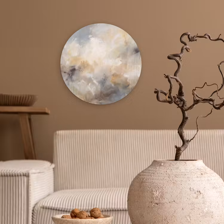 Abstract - Wolken - Sfeervol - Beige - Grijs Wandcirkel kunststof plaat 5mm dik klein -sfeer1