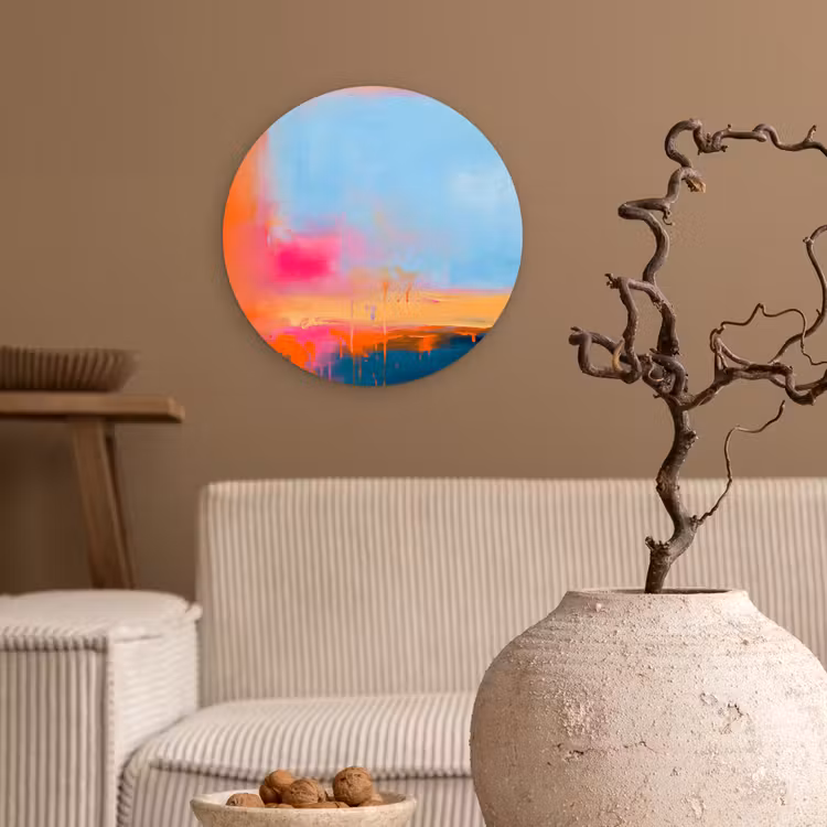 Abstract - Kleurvlakken - Modern - Oranje - Blauw Wandcirkel kunststof plaat 5mm dik klein -sfeer1