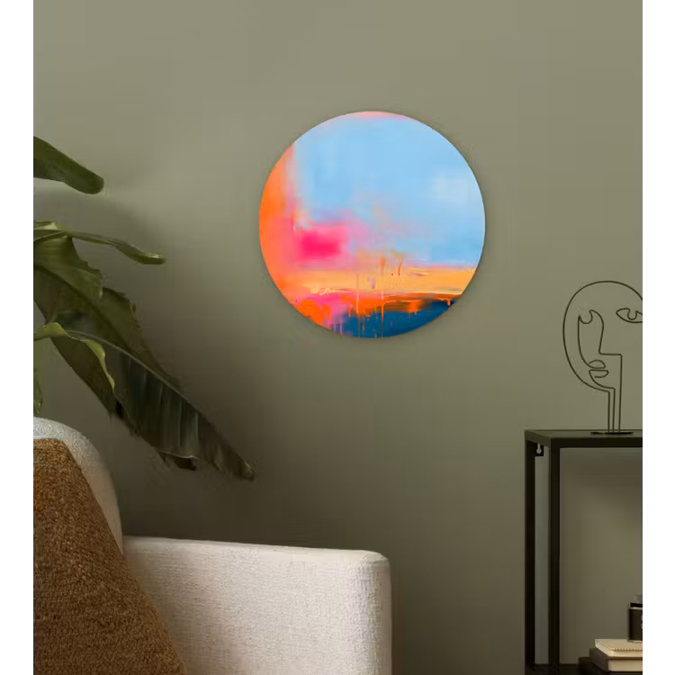 Abstract - Kleurvlakken - Modern - Oranje - Blauw Wandcirkel kunststof plaat 5mm dik klein -sfeer3
