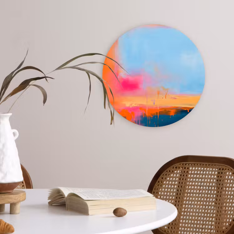 Abstract - Kleurvlakken - Modern - Oranje - Blauw Wandcirkel kunststof plaat 5mm dik klein -sfeer4