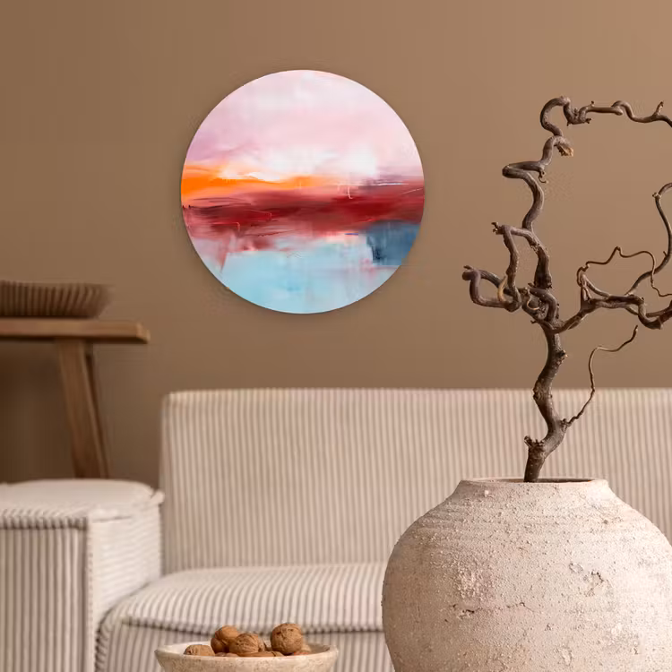 Abstract - Kleuren - Modern - Kunst - Roze Wandcirkel kunststof plaat 5mm dik klein -sfeer1
