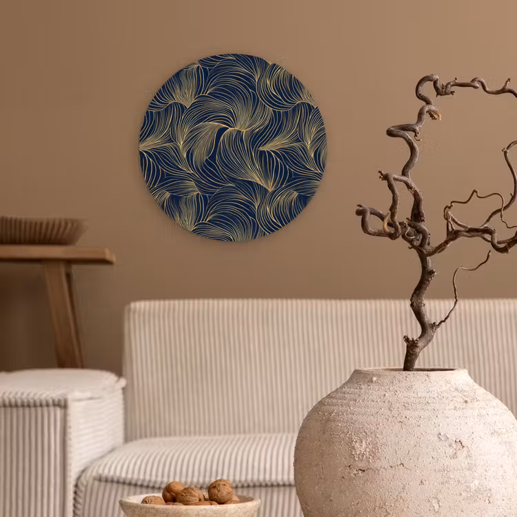 Abstract - Lijnen - Blauw - Goud Wandcirkel kunststof plaat 5mm dik klein 188 -sfeer1