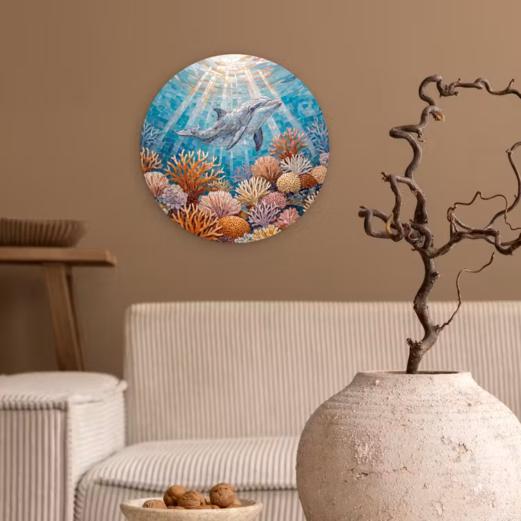 Dieren - Mozaïek - Oceaan - Koraal - Blauw Wandcirkel kunststof plaat 5mm dik klein -sfeer1