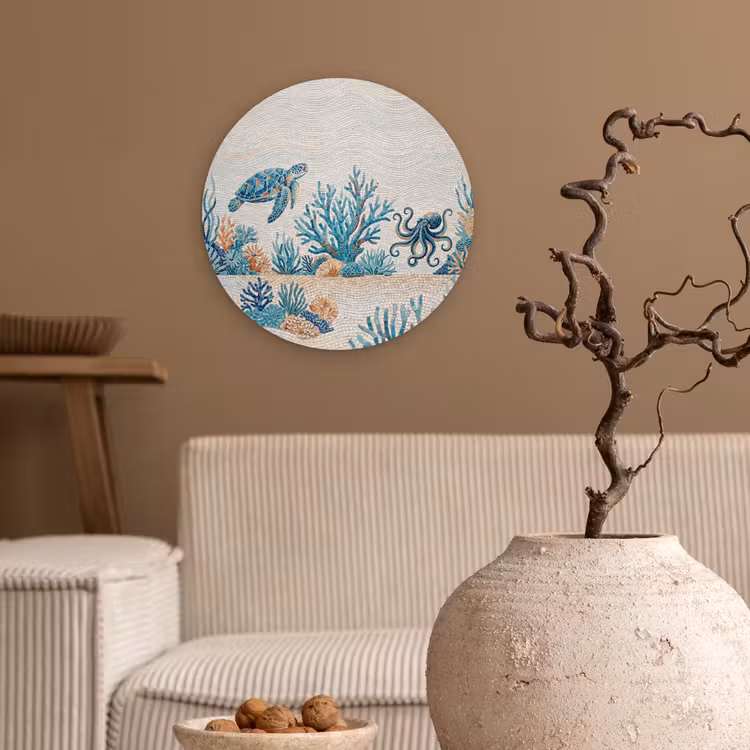 Dieren - Onderwater - Natuur - Mozaïek - Blauw Wandcirkel kunststof plaat 5mm dik klein -sfeer1