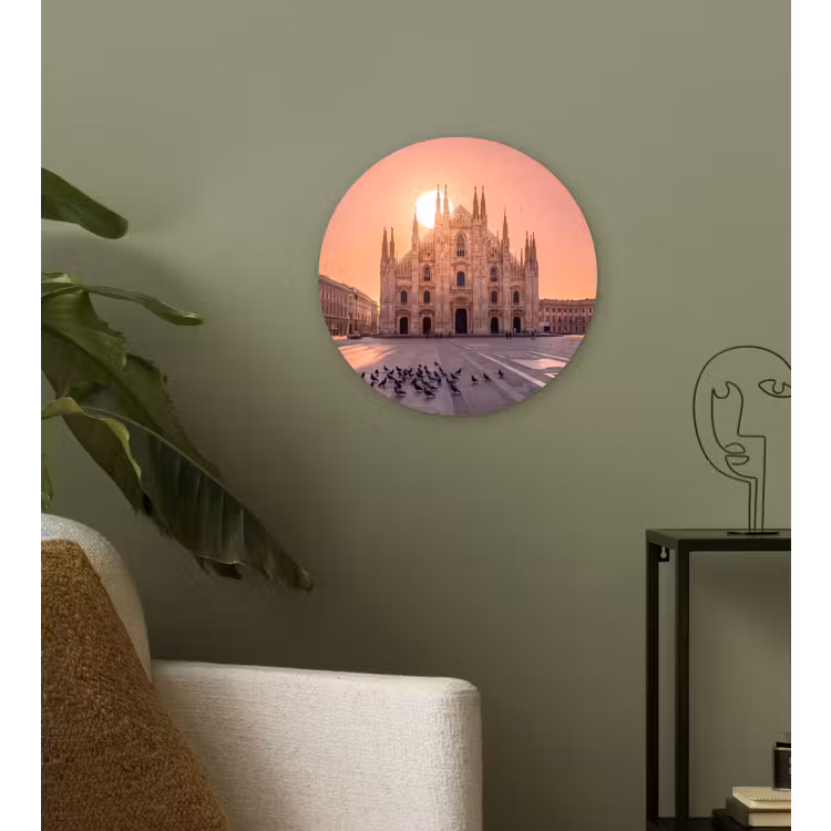 Architectuur - Milaan - Plein - Zonsopgang - Oranje Wandcirkel kunststof plaat 5mm dik klein -sfeer3