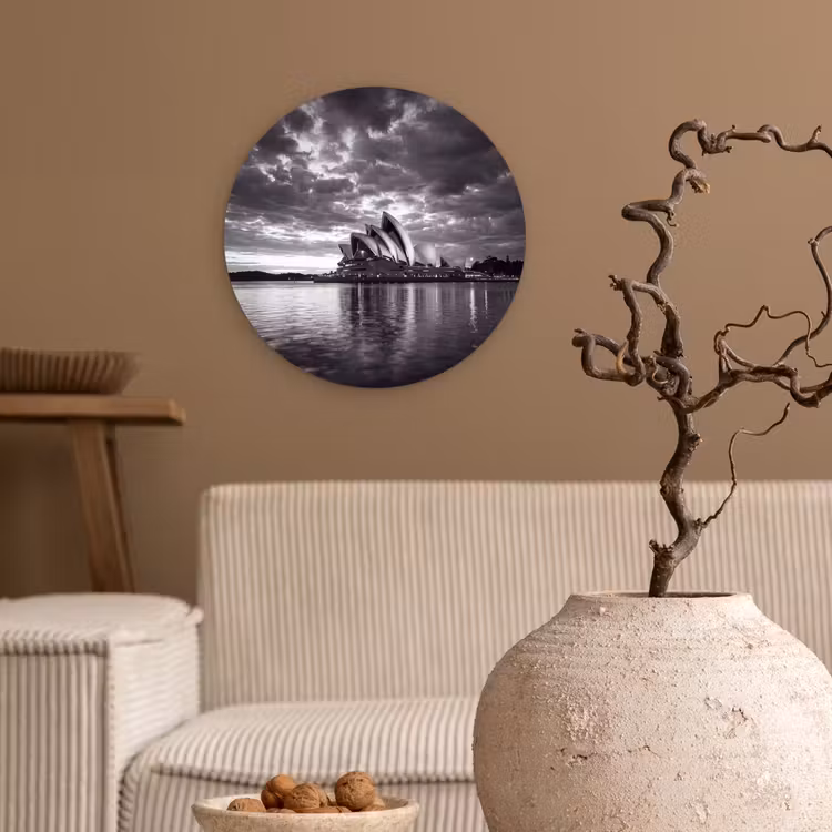 Architectuur - Water - Stad - Modern - Zwart-wit Wandcirkel kunststof plaat 5mm dik klein -sfeer1
