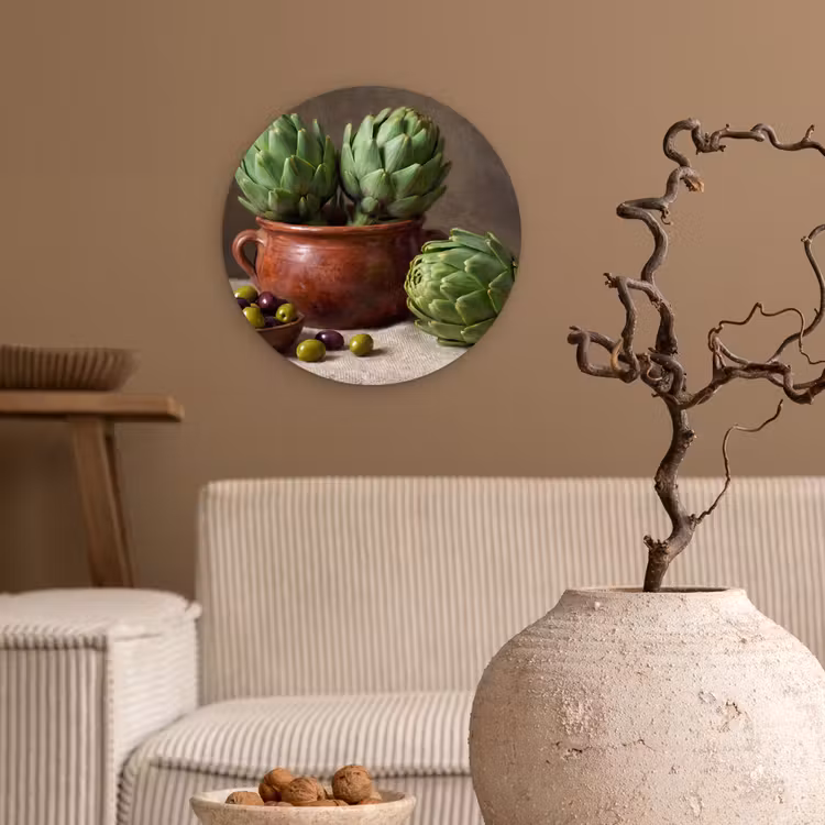 round wall art - Artichokes - Olives - Food - Artisjokken - Olijven - Eten Wandcirkel kunststof plaat 5mm dik klein
