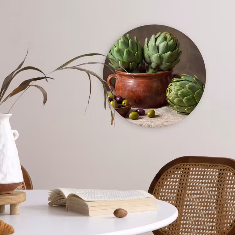 round wall art - Artichokes - Olives - Food - Artisjokken - Olijven - Eten Wandcirkel kunststof plaat 5mm dik klein