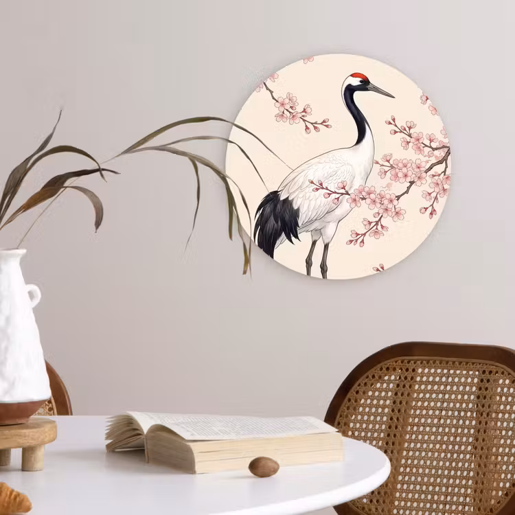 Aziatisch - Kraanvogel - Beige Wandcirkel kunststof plaat 5mm dik klein -sfeer4