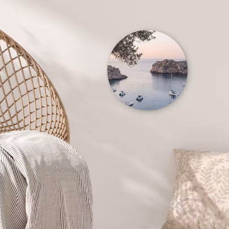 round wall art - Bay - boats - sunset - Baai - boten - zonsondergang Wandcirkel kunststof plaat 5mm dik klein