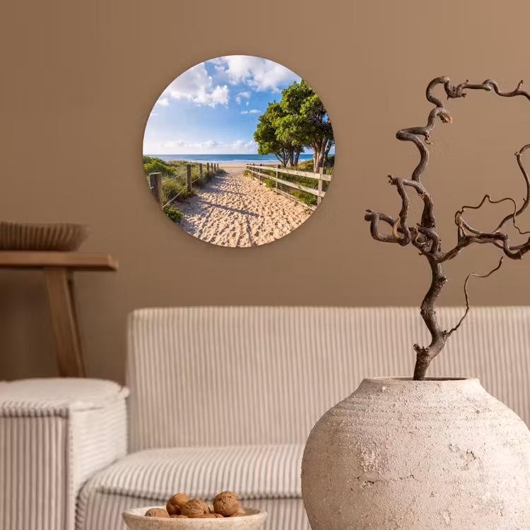 Strand - Zandpad - Oceaan - Natuur Wandcirkel kunststof plaat 5mm dik klein -sfeer1