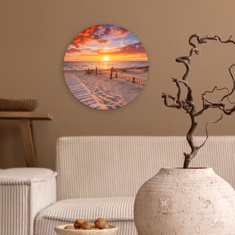 Strand - Zonsondergang - Zee - Natuur - Oranje Wandcirkel kunststof plaat 5mm dik klein -sfeer1
